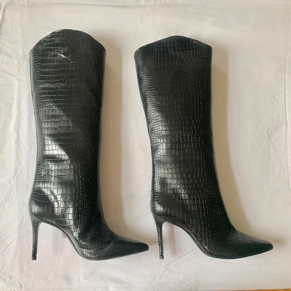 Schutz Maryana High Heel Leather Crocodile-Embossed Boot Black 7.5 - Picture 3 of 16